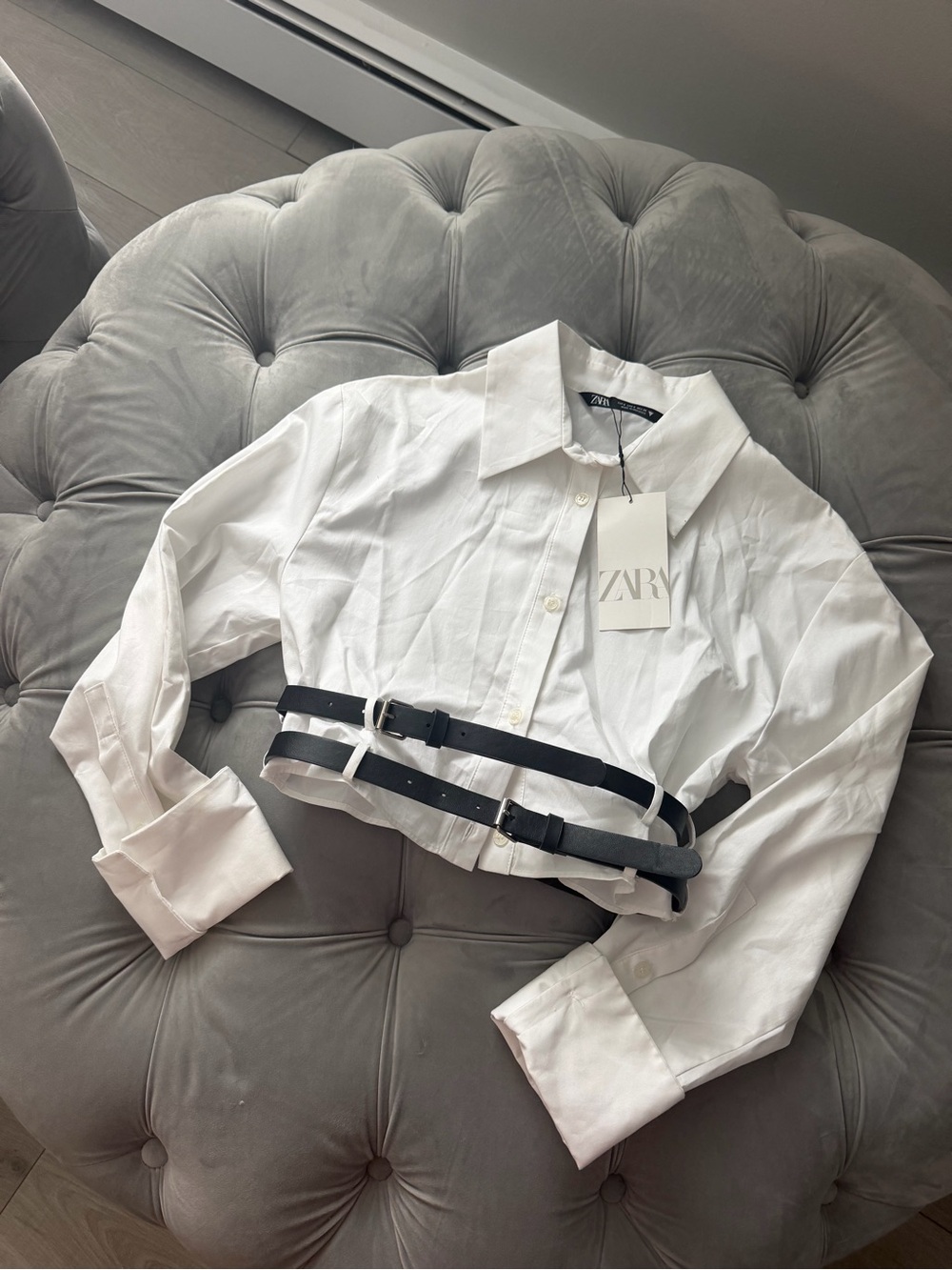 ZARA White Belted Cropped Shirt